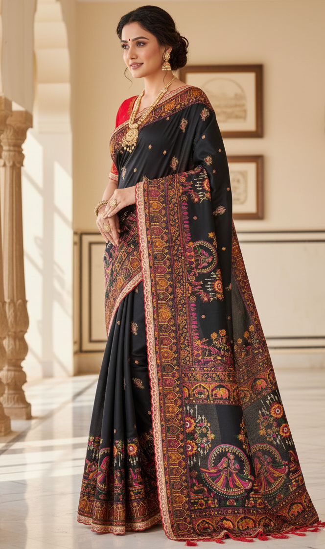 Pure Rajwadi Pashmina Silk Saree with Kashmiri Thread Work Pallu & Heavy Zari Weaving Border – Soft Pashmina Silk Saree with Butti Blouse