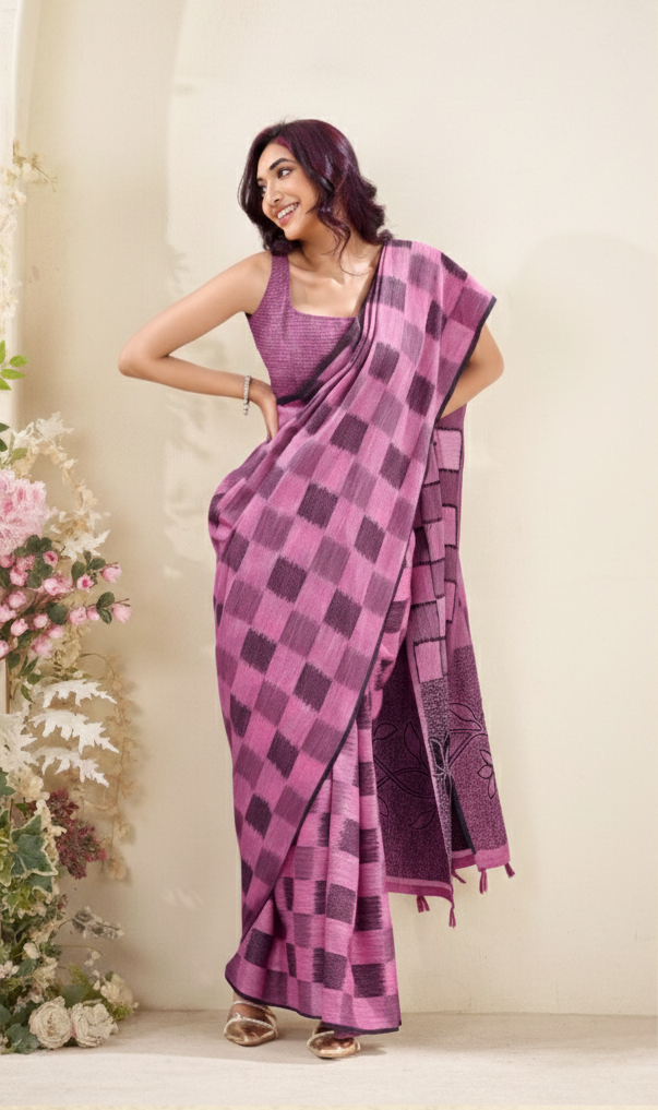 Purple Pure Linen Silk Saree | Checkered Pattern