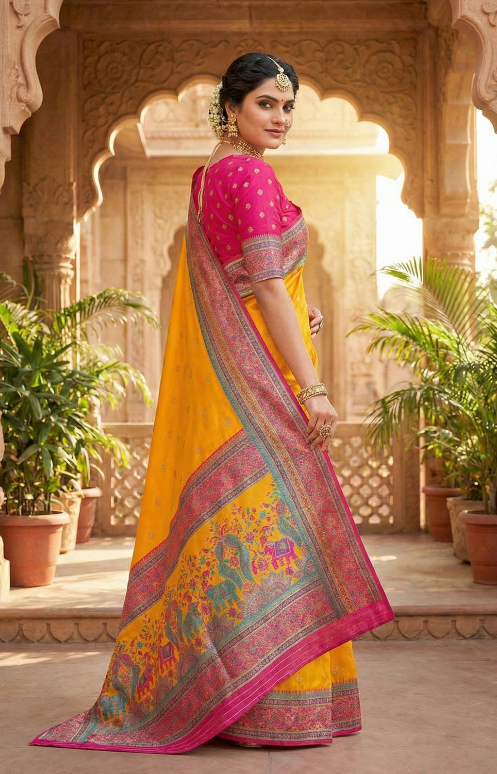 Pure Pashmina Darbari Saree with Meenakari Weaving