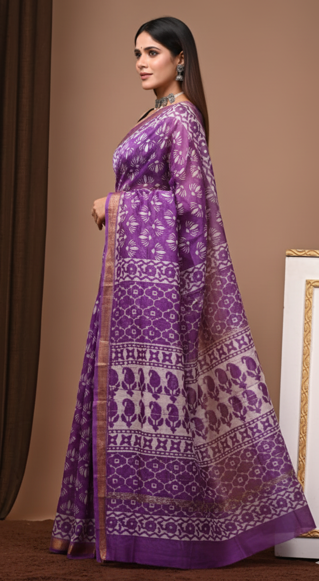 Royal Purple Traditional Hand Block Print Maheshwari Silk Saree with Zari Border – Pure Handloom Elegance