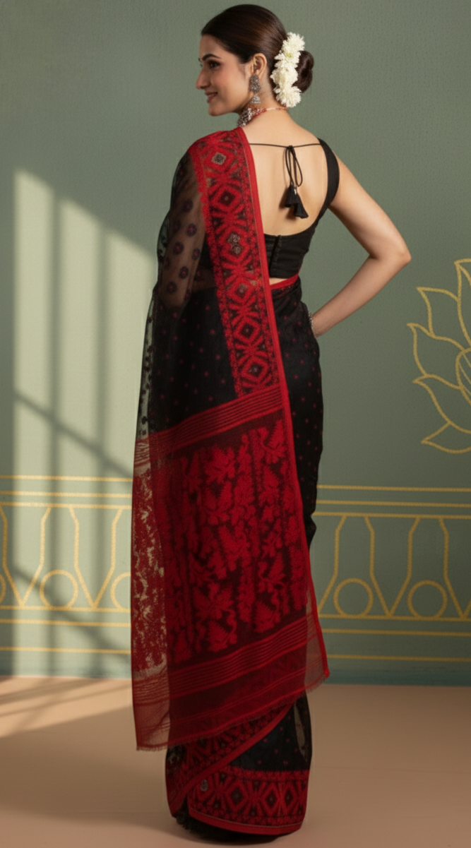 Black & Red Authentic Jamdani Saree with Intricate Thread Work