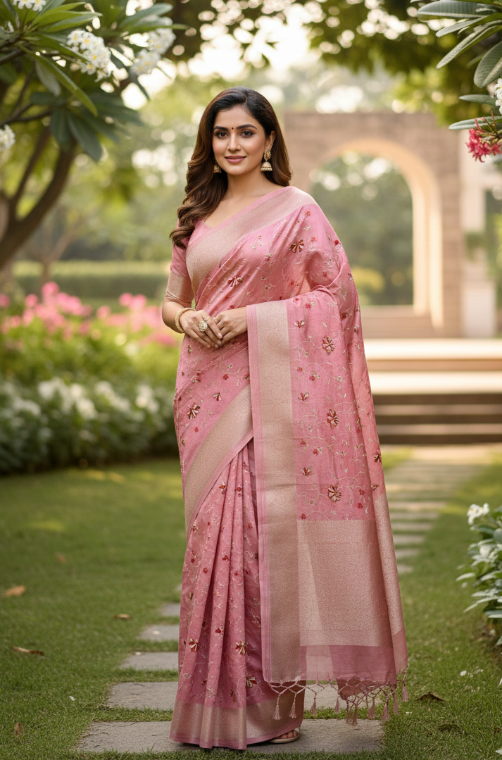 Authentic Dusty Rose Pink Muslin Tissue Saree