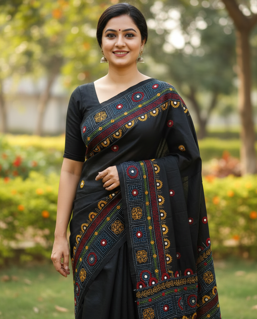 Black Bangalore Blended Silk Lambani Stitched Saree – Handcrafted Tribal Embroidery with Blouse Piece