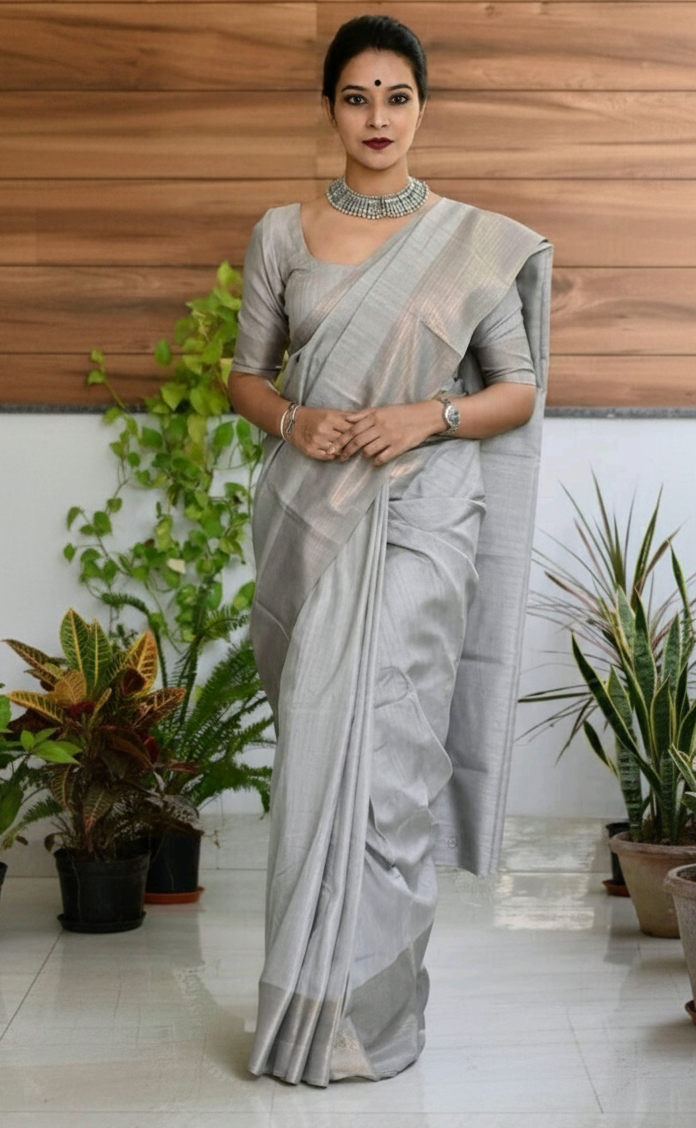 Elegant Grey Semi Matka Silk Saree with Matching Blouse Piece – Soft Lightweight Traditional Saree for Office, Festive & Wedding Wear