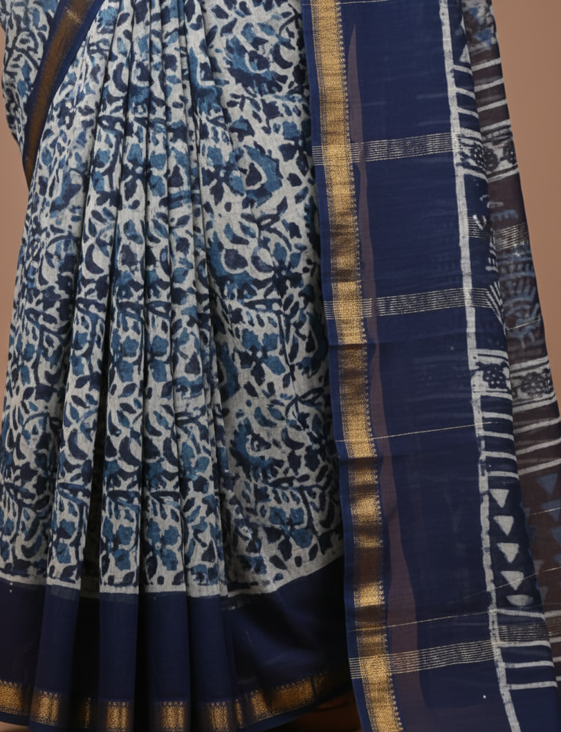 Navy Blue Traditional Hand Block Print Maheshwari Silk Saree with Zari Border – Pure Handloom Artistry by Tiyaz
