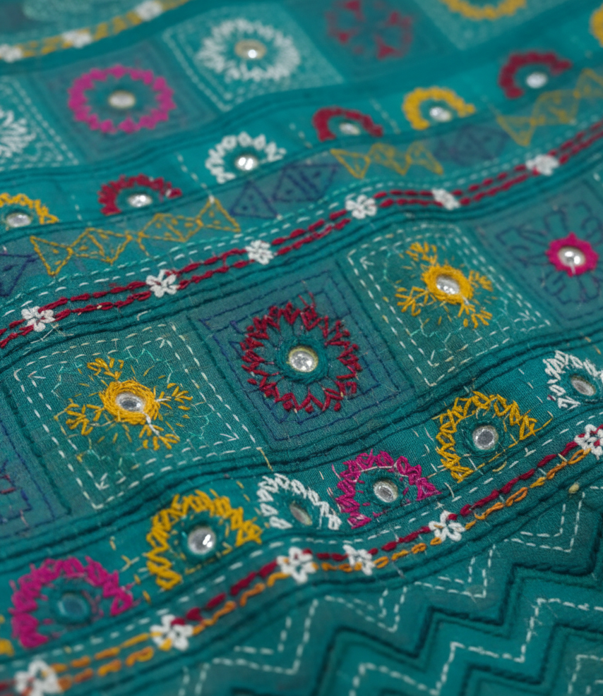 Teal Green Bangalore Blended Silk Lambani Stitched Saree