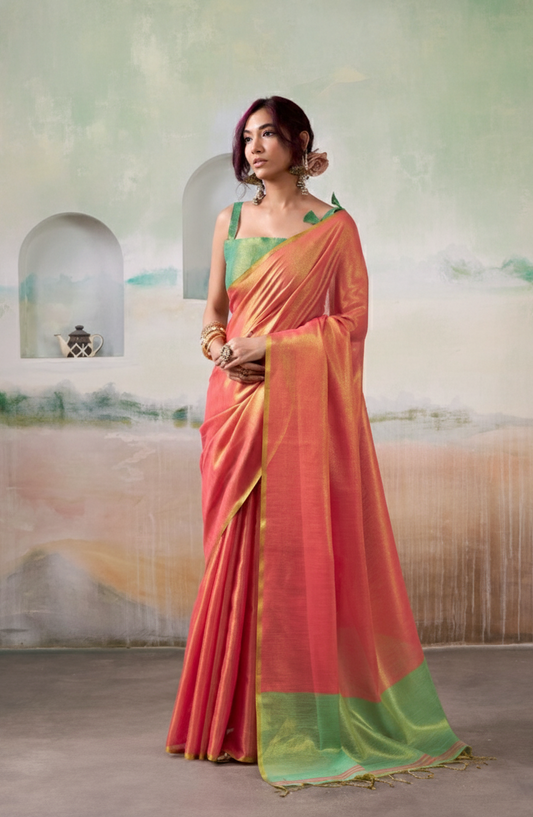 Pure Handloom Tissue Silk Saree with Contrast  Blouse Piece