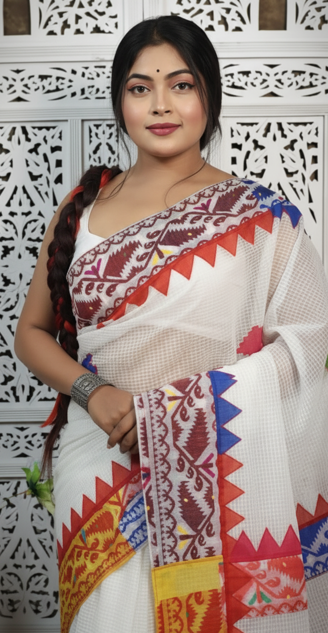 Handwoven Cotton Saree with Colorful Jamdani Border – Traditional Ethnic Wear