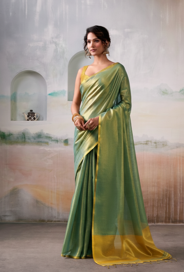 Elegant Sage Green & Mustard Yellow Pure Handloom Tissue Saree