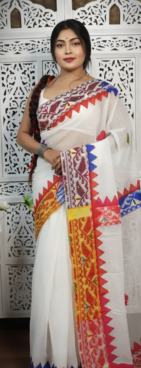 Handwoven Cotton Saree with Colorful Jamdani Border – Traditional Ethnic Wear