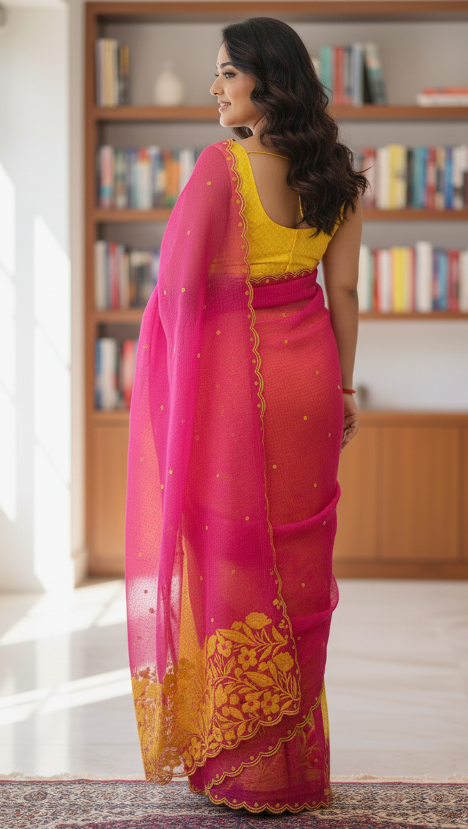 Premium Pure Cotton Kota Saree with Elegant Parsi Embroidery – Yellow & Pink Designer Party Wear