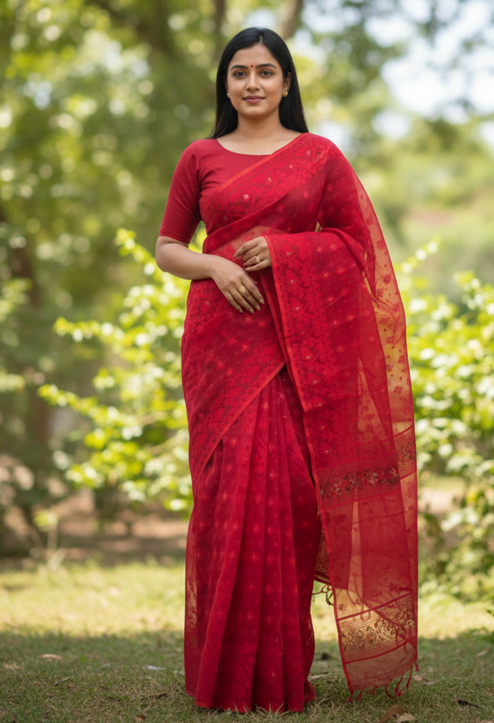 Pure Soft Red Bengali Special Jamdani Saree