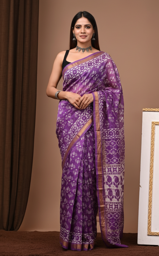 Royal Purple Traditional Hand Block Print Maheshwari Silk Saree with Zari Border – Pure Handloom Elegance