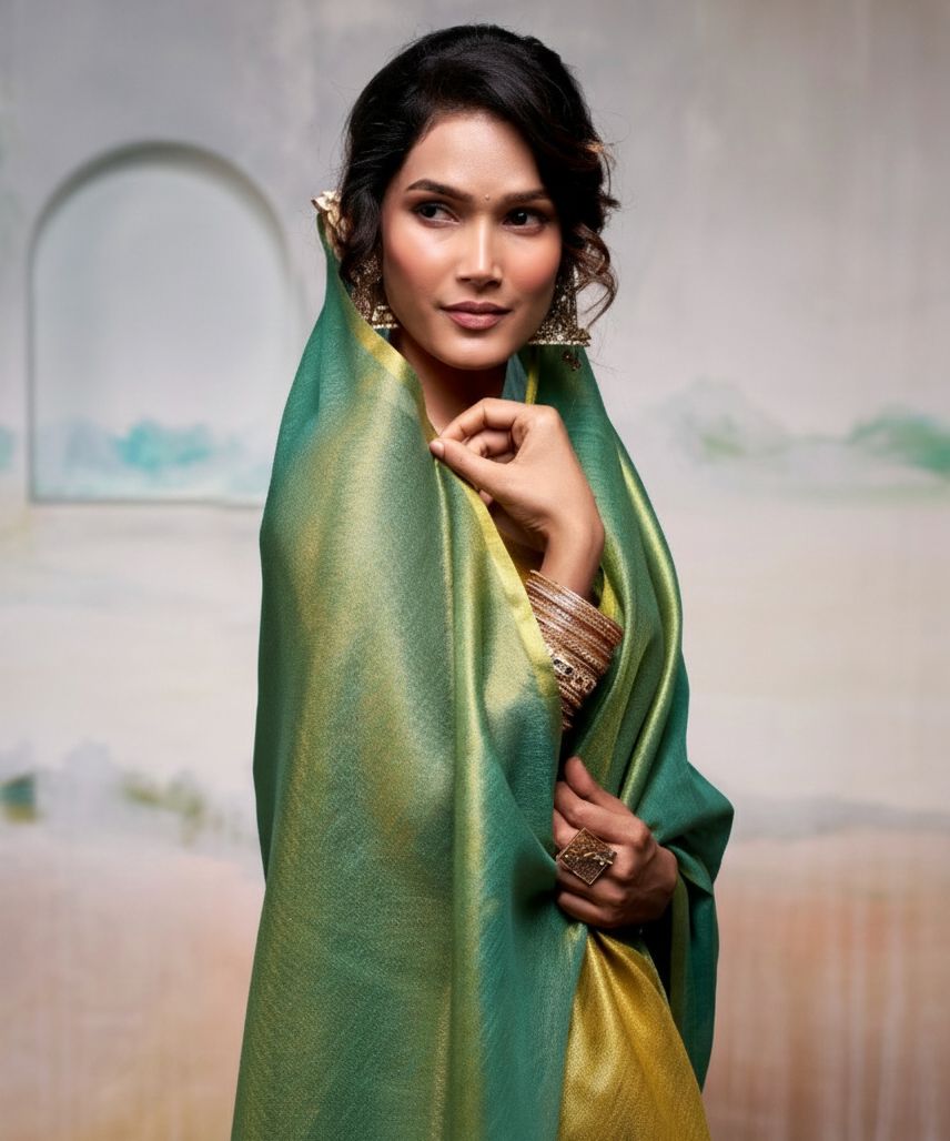 Elegant Sage Green & Mustard Yellow Pure Handloom Tissue Saree