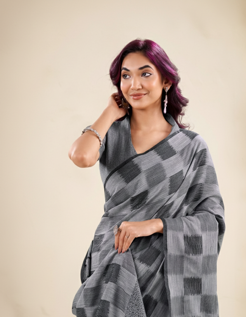 Grey Checkered Pure Linen Silk Saree with Blouse Piece