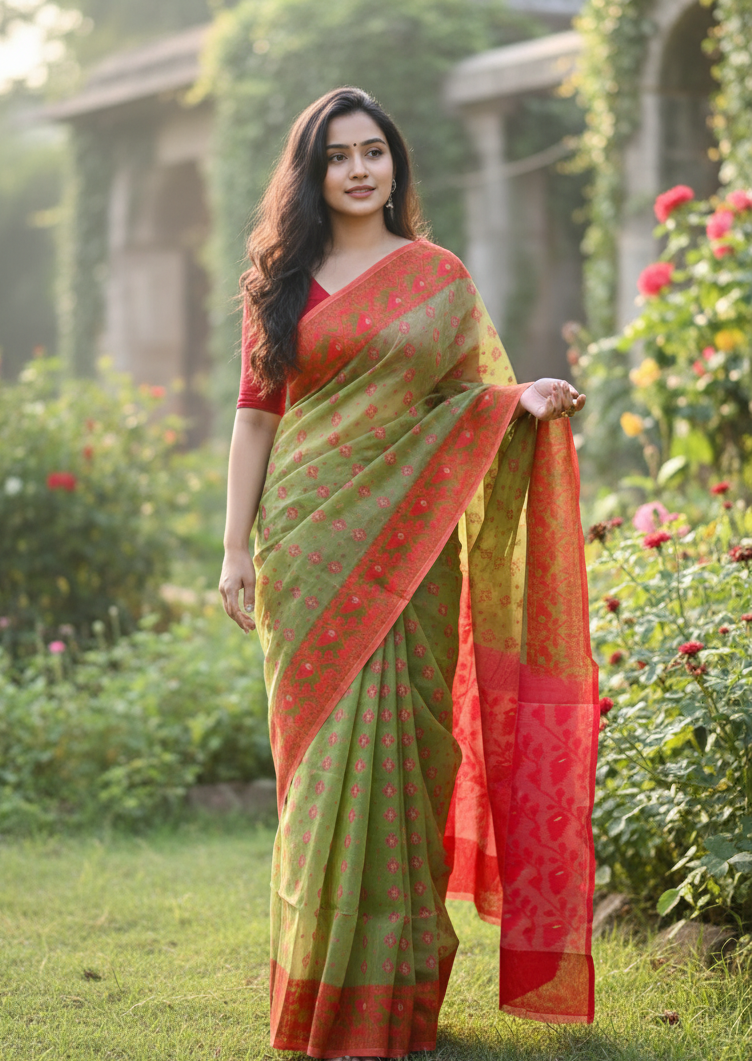 Elegant Green & Red Mina Work Dhakai Jamdani Saree with Blouse Piece | Handwoven Pure Cotton Saree | Traditional Bengali Weaving for Festive & Wedding Wear