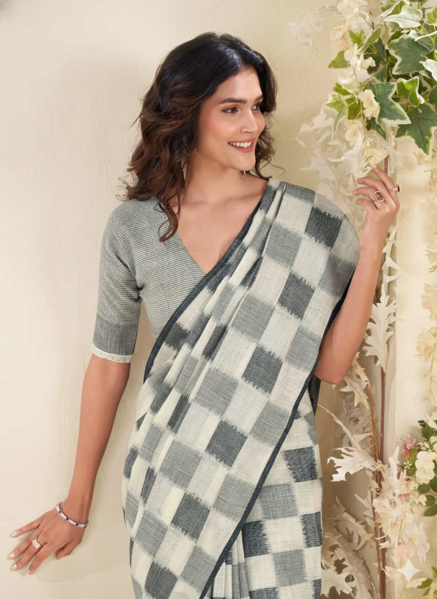 Elegant Grey and Off-White Pure Linen Silk Saree