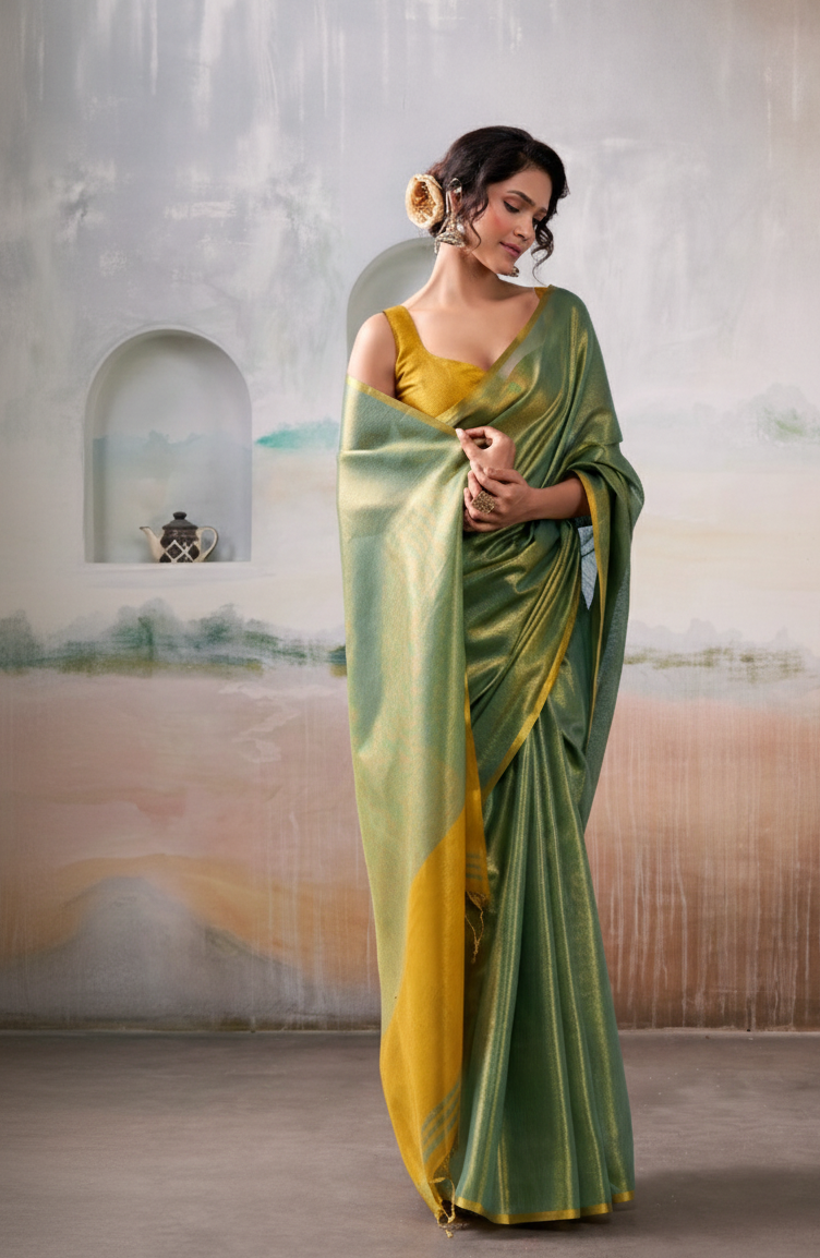 Elegant Sage Green & Mustard Yellow Pure Handloom Tissue Saree