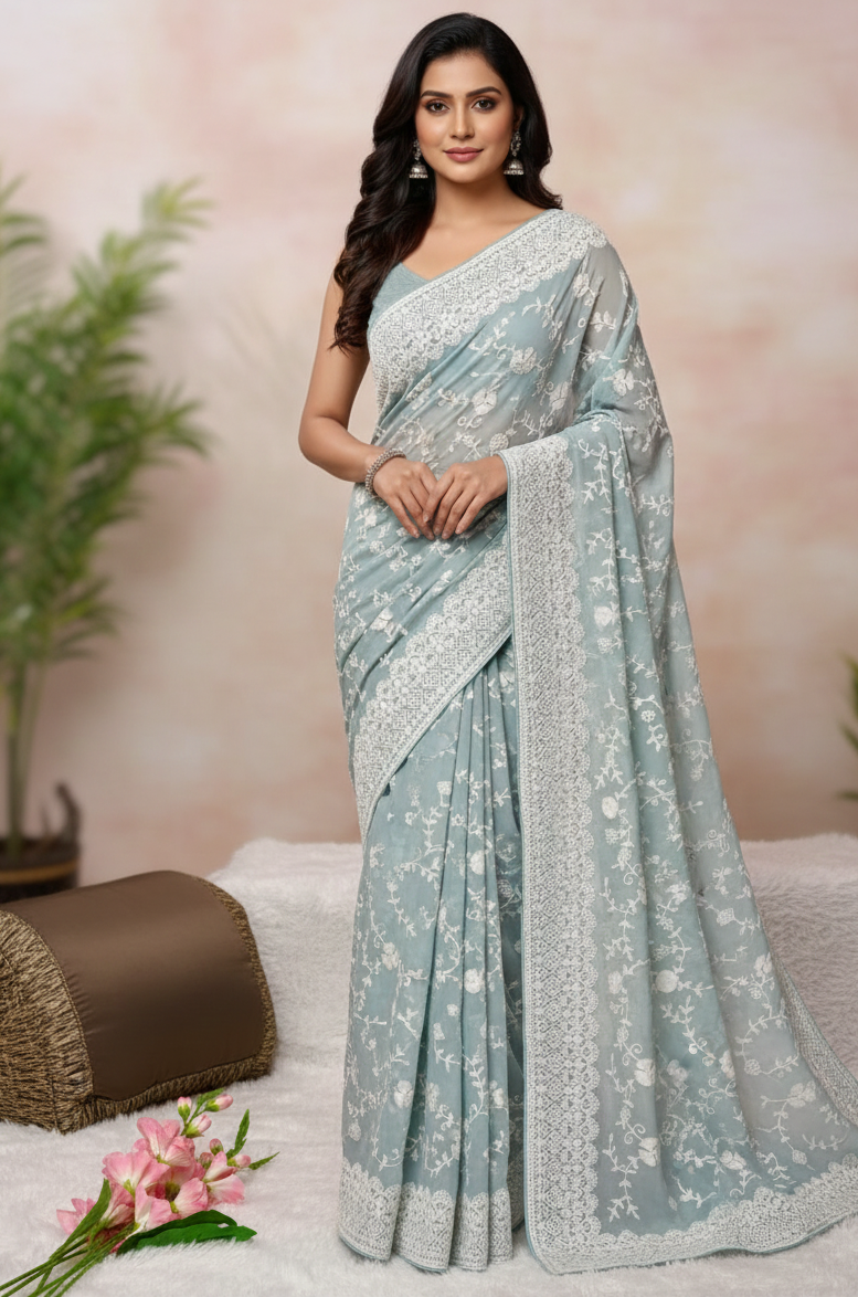 Premium Party Wear Chiffon Saree Thread Embroidery & Designer Border