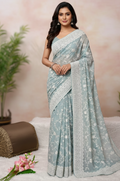 Premium Party Wear Chiffon Saree Thread Embroidery & Designer Border