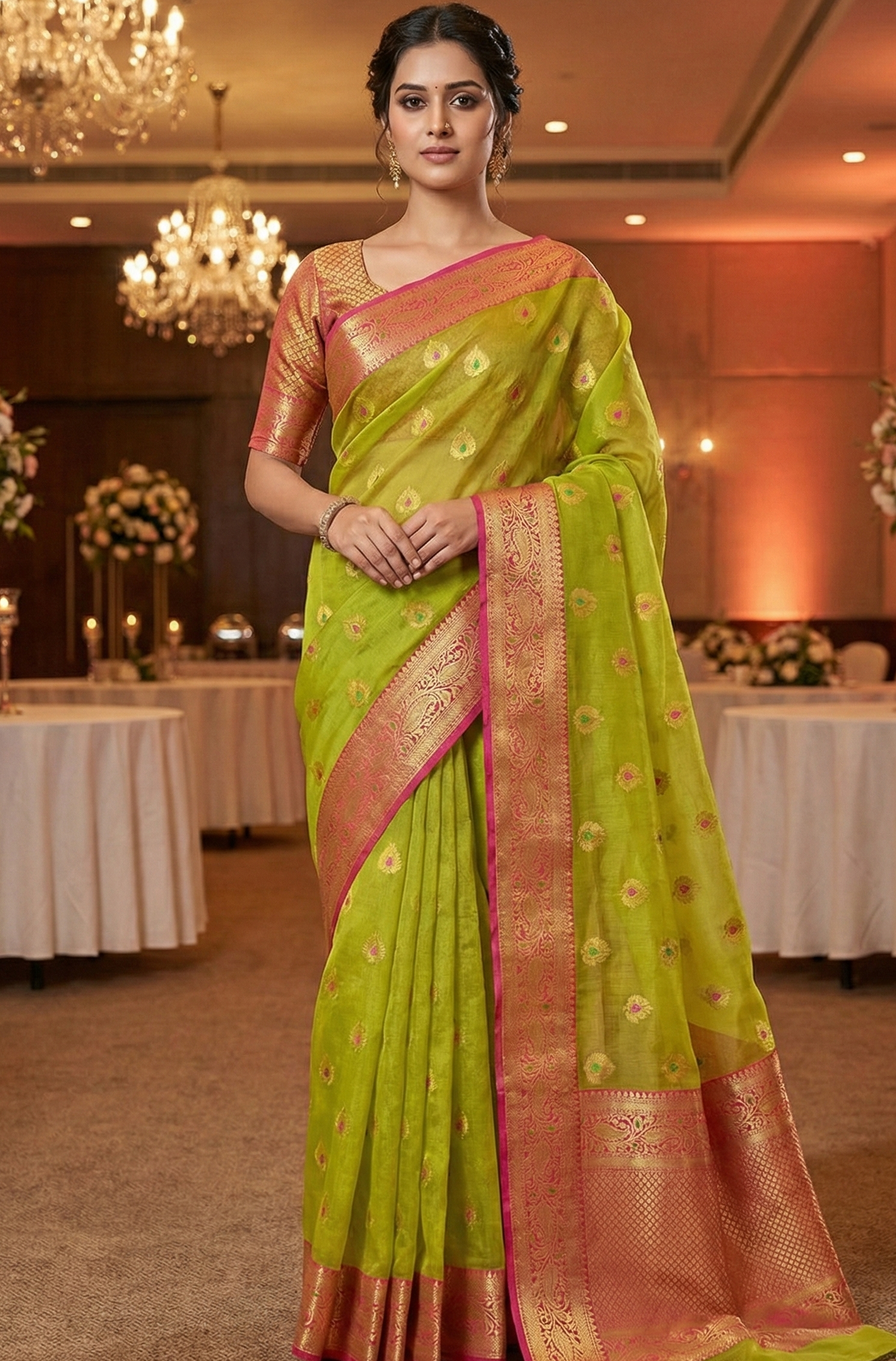 Pure Muslin Mina Banarasi Saree with Zari Weaving Border & Matching Blouse Piece