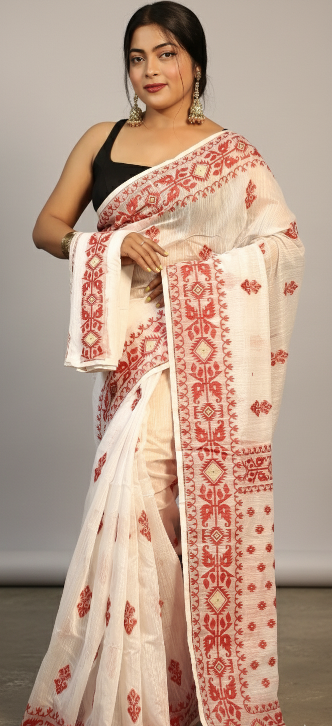 Traditional Bengal Handloom Saree with Red Kantha Stitch Embroidery