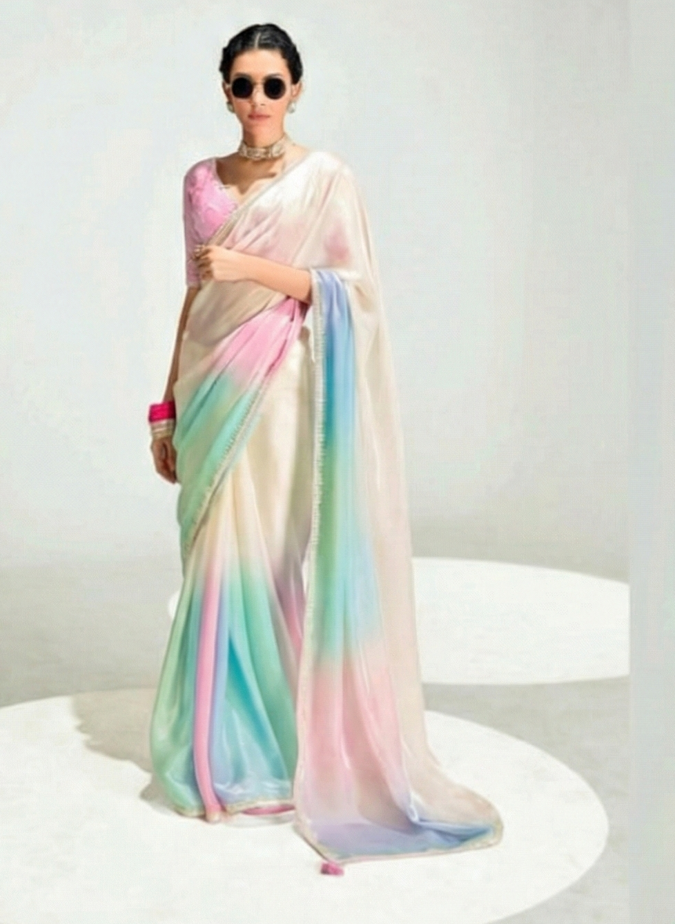 Pure Organza Tissue Silk Saree with Designer Contrast Hand-Work Blouse