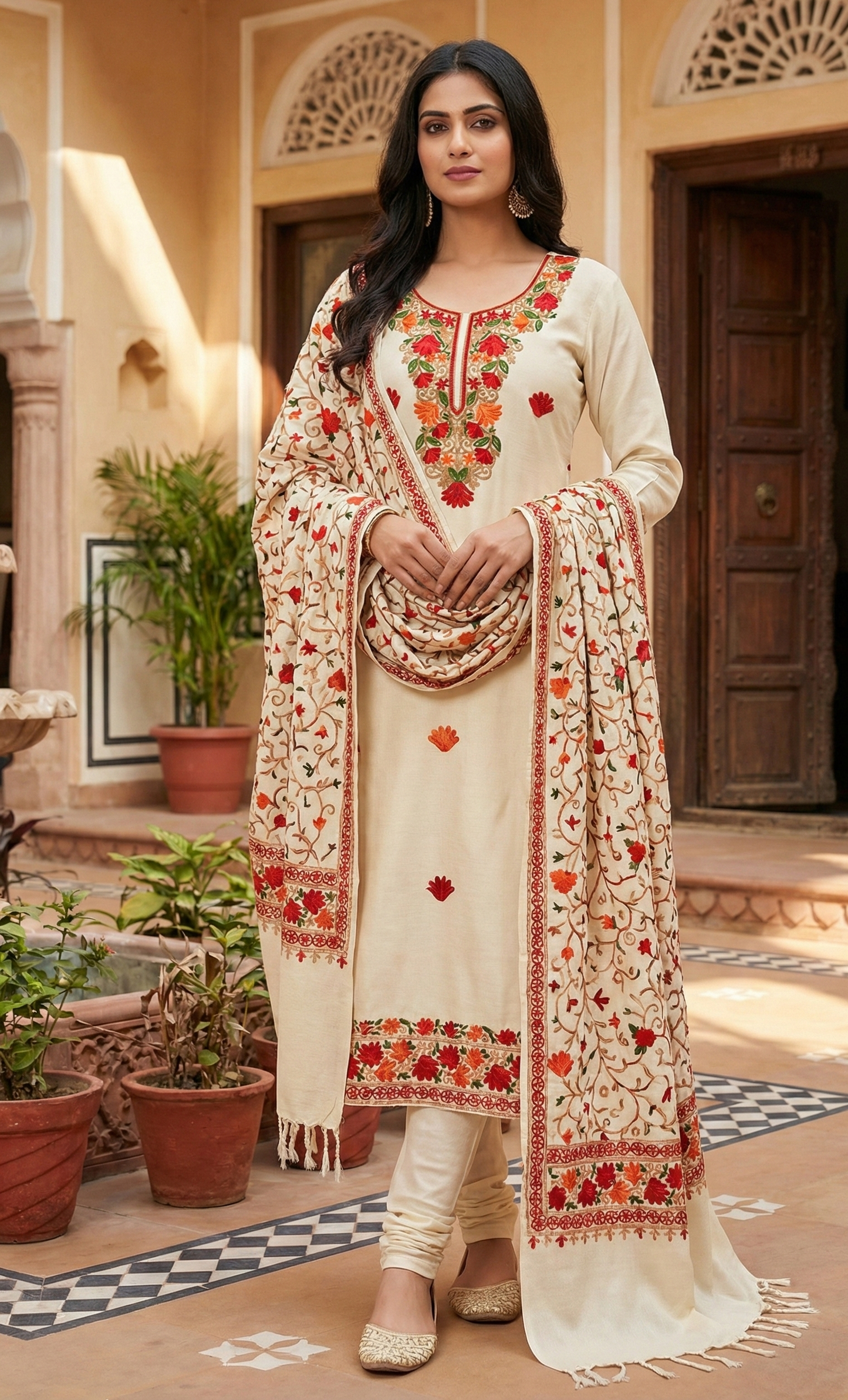 Winter Special Kashmiri Embroidered Unstitched 3-Piece Salwar Suit Set – Premium Wool Blend Fabric with Traditional Aari Work