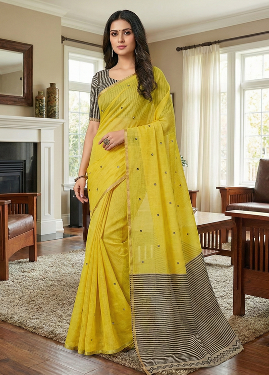 Soft Chanderi Cotton Digital Print Saree with Mirror & Embroidery Work