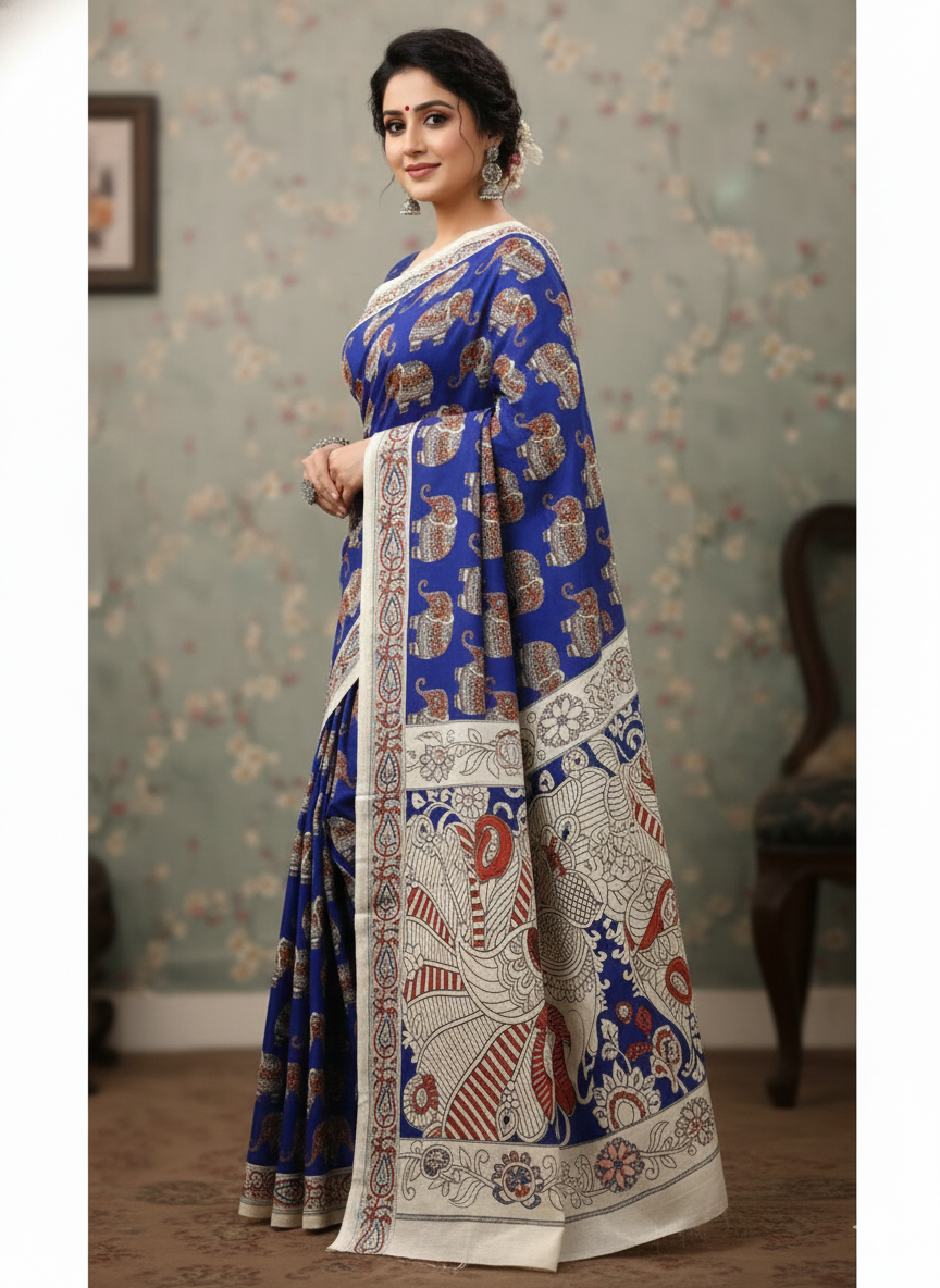 Pure Andhra Kalamkari Silk Saree with Elephant Motif Hand Print