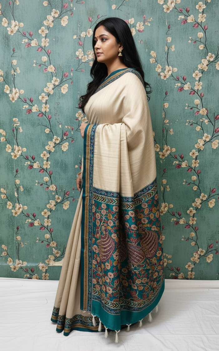 Hand Katha Stitch Manikpuri Kalamkari Silk Saree
