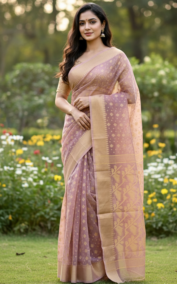 Pure Soft Cotton Jamdani Saree in Lavender Pink | Handwoven Dhakai Jamdani Saree | Traditional Bengali Saree for Festive & Wedding Wear