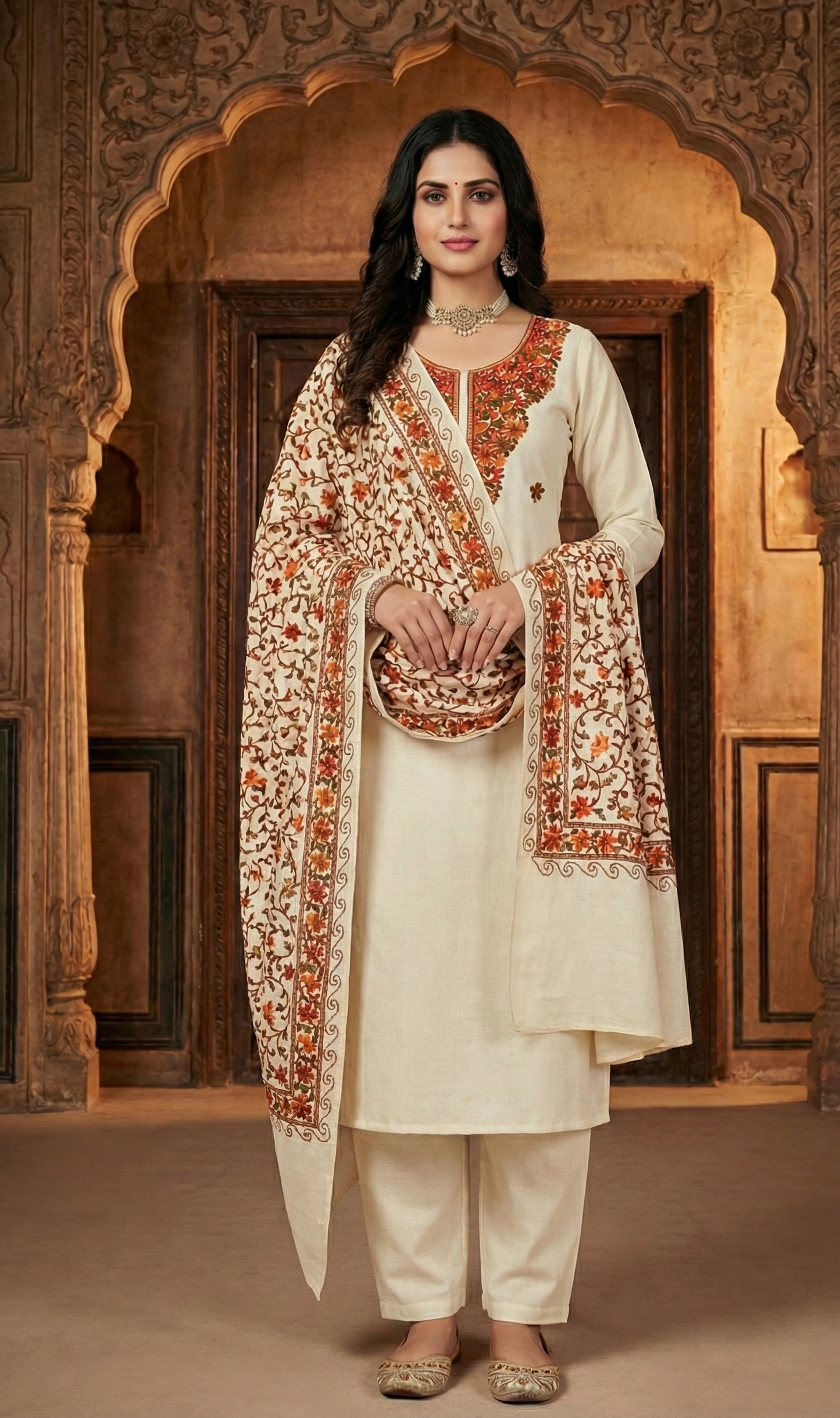 Winter Special Kashmiri Embroidered Unstitched Salwar Suit – Premium 3-Piece Set with Traditional Aari Work