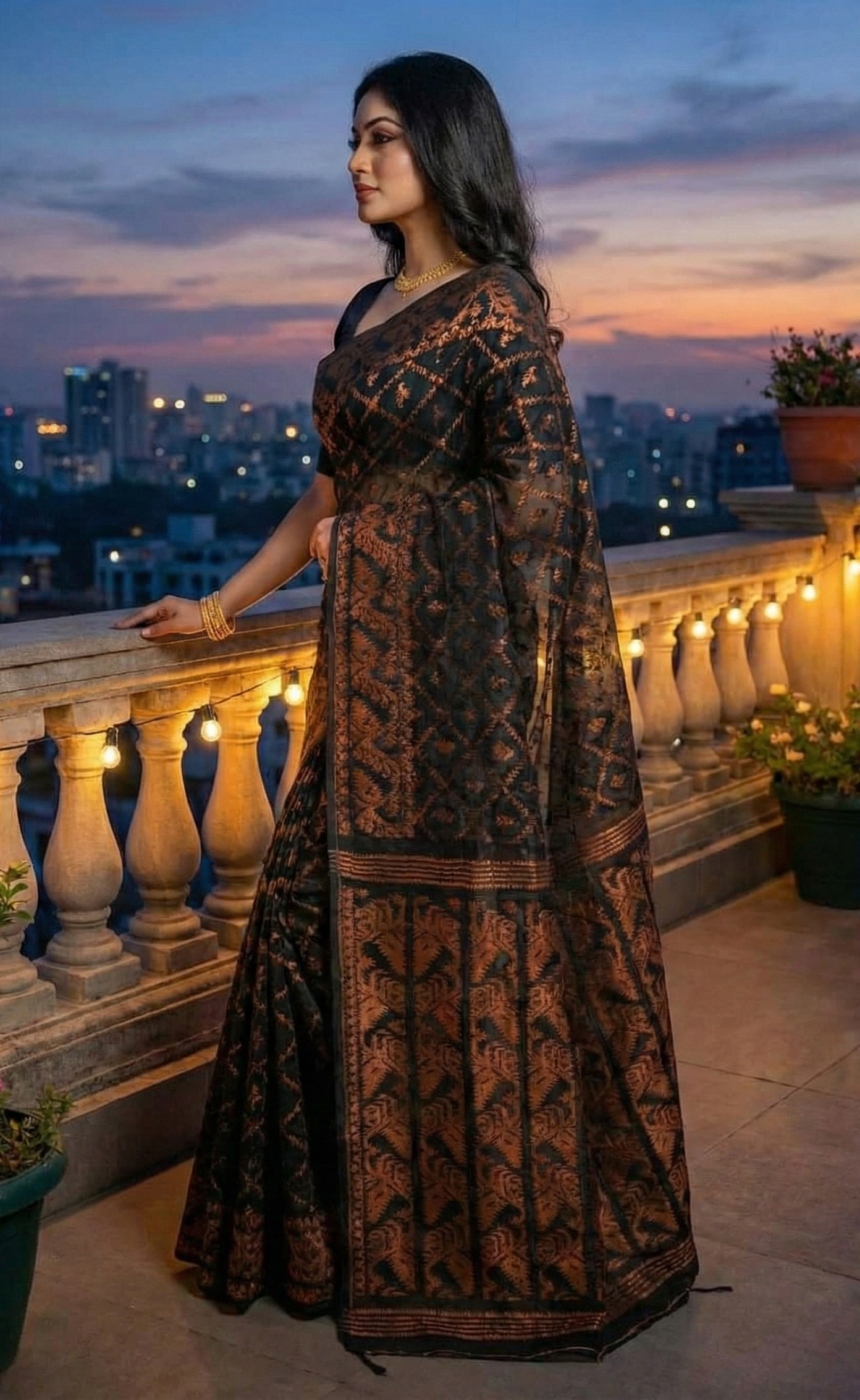 Premium Dhakai Jamdani Saree with Zari Work | Black & Copper Weaving Design | Traditional Soft Handloom Saree with Blouse Piece