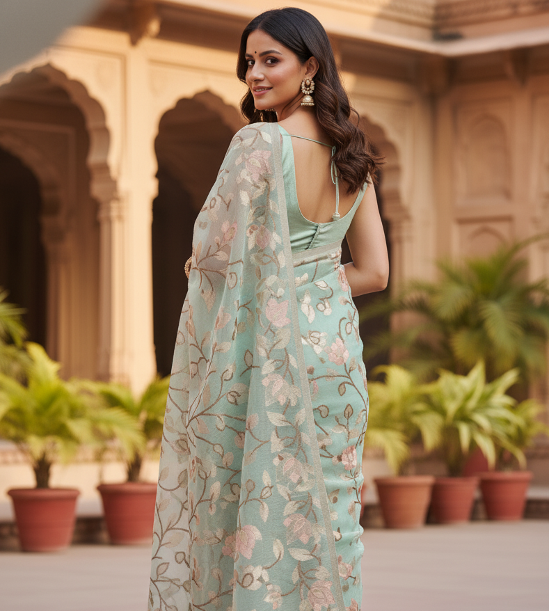 Premium Muga Tassar Jamdani Saree – Elegant Pastel Green with Floral Weaves | Handwoven Bengal Jamdani | Exclusive Designer Saree for Wedding & Festive Wear