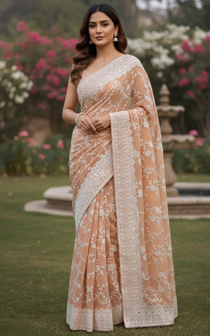 Chiffon Party Wear Saree with All-Over Thread Embroidery