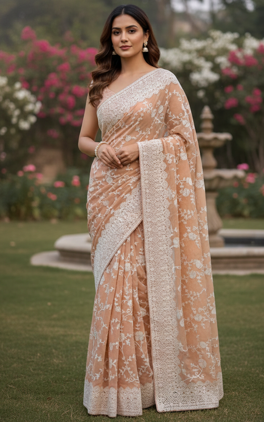Chiffon Party Wear Saree with All-Over Thread Embroidery, Designer Border & Matching Blouse Piece