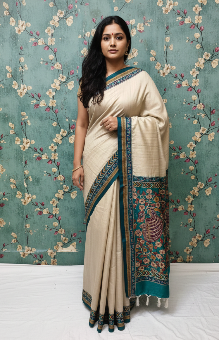 Hand Katha Stitch Manikpuri Kalamkari Silk Saree