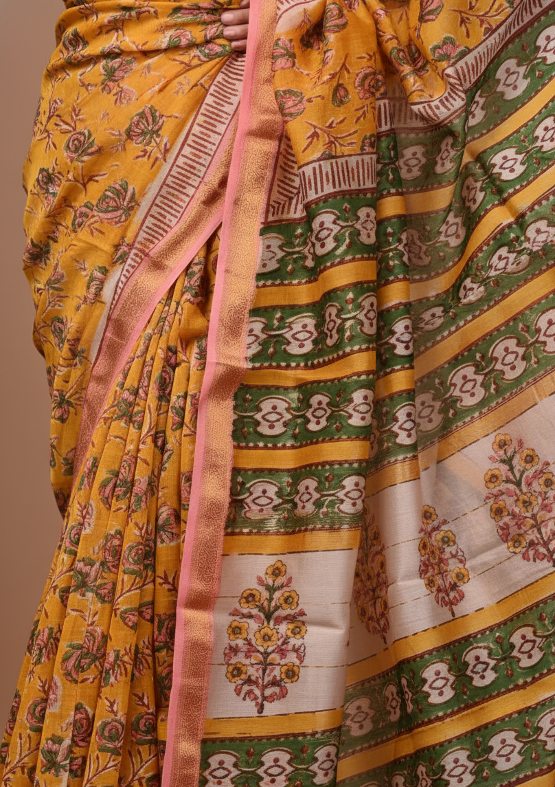 Exclusive  Traditional Block Print Maheshwari Silk Saree with Zari Border | Handloom Saree by Tiyaz