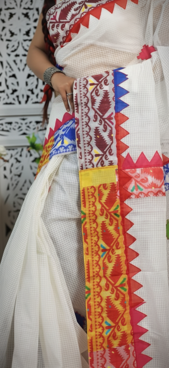 Handwoven Cotton Saree with Colorful Jamdani Border – Traditional Ethnic Wear