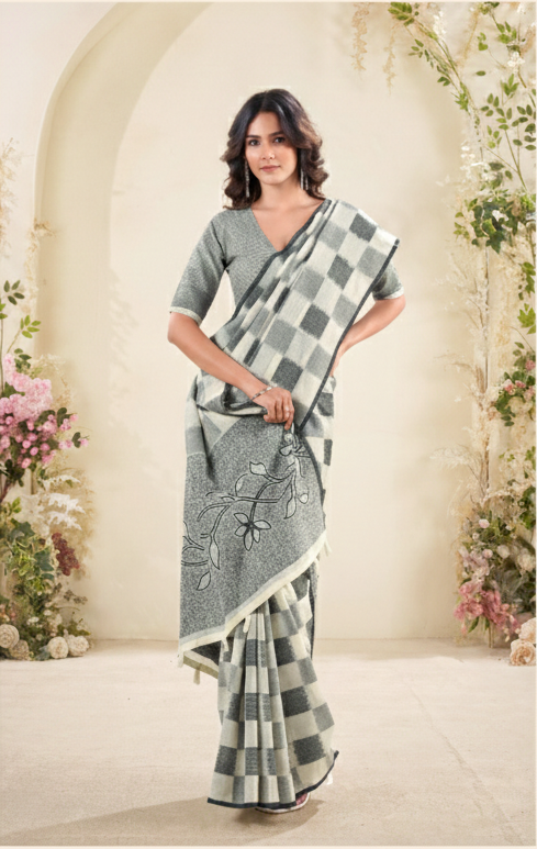 Elegant Grey and Off-White Pure Linen Silk Saree