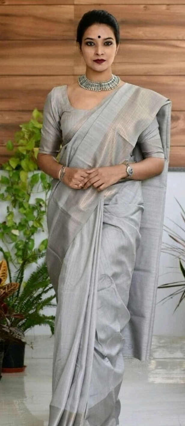 Elegant Grey Semi Matka Silk Saree with Matching Blouse Piece – Soft Lightweight Traditional Saree for Office, Festive & Wedding Wear