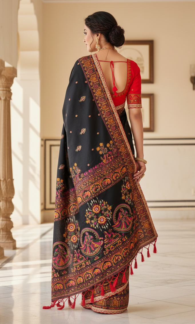 Pure Rajwadi Pashmina Silk Saree with Kashmiri Thread Work Pallu & Heavy Zari Weaving Border – Soft Pashmina Silk Saree with Butti Blouse