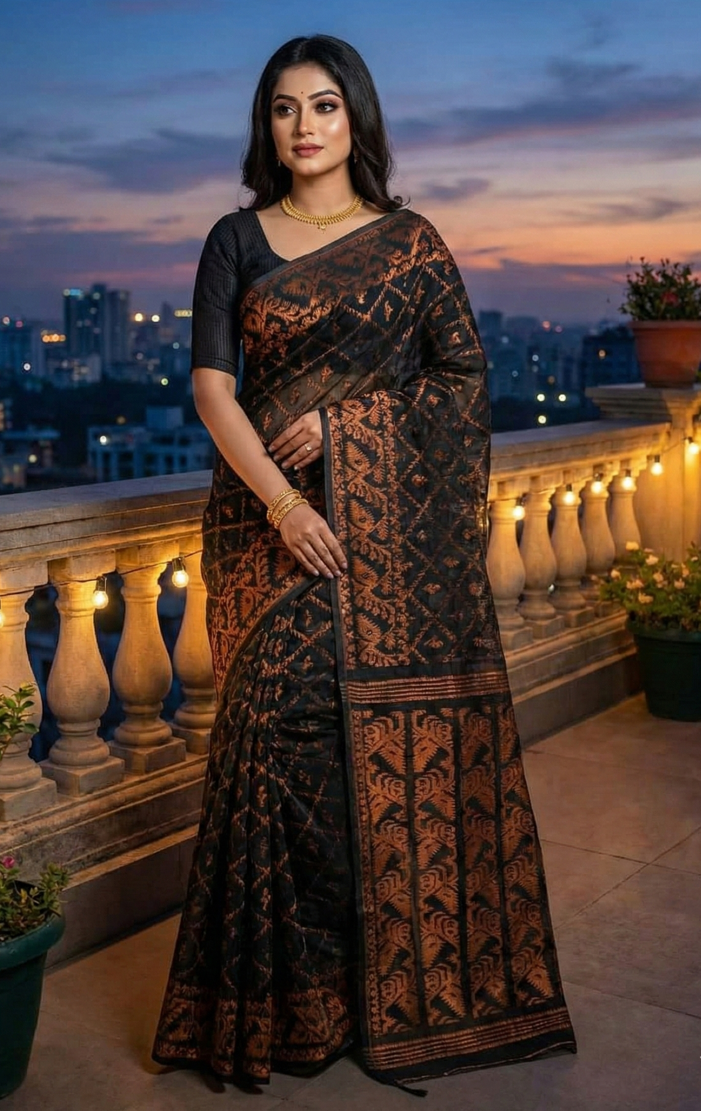 Premium Dhakai Jamdani Saree with Zari Work | Black & Copper Weaving Design | Traditional Soft Handloom Saree with Blouse Piece