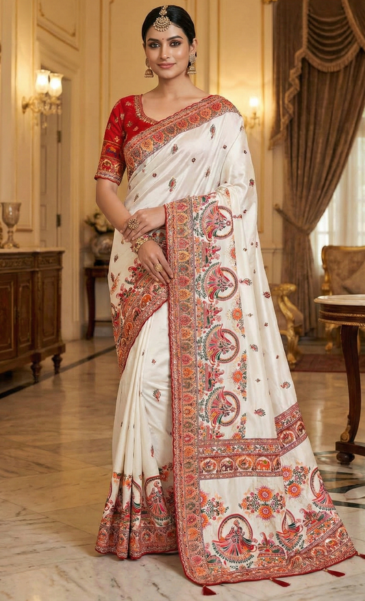 Pure Rajwadi Pashmina Silk Saree with Kashmiri Thread Work Pallu & Heavy Zari Weaving Border – Soft Pashmina Silk Saree with Butti Blouse