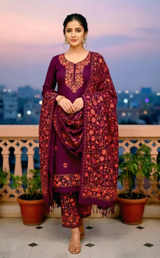 Pure Cotsul Fabric Kashmiri Stich Suit Set | Premium Embroidered Kurta, Pant & Dupatta