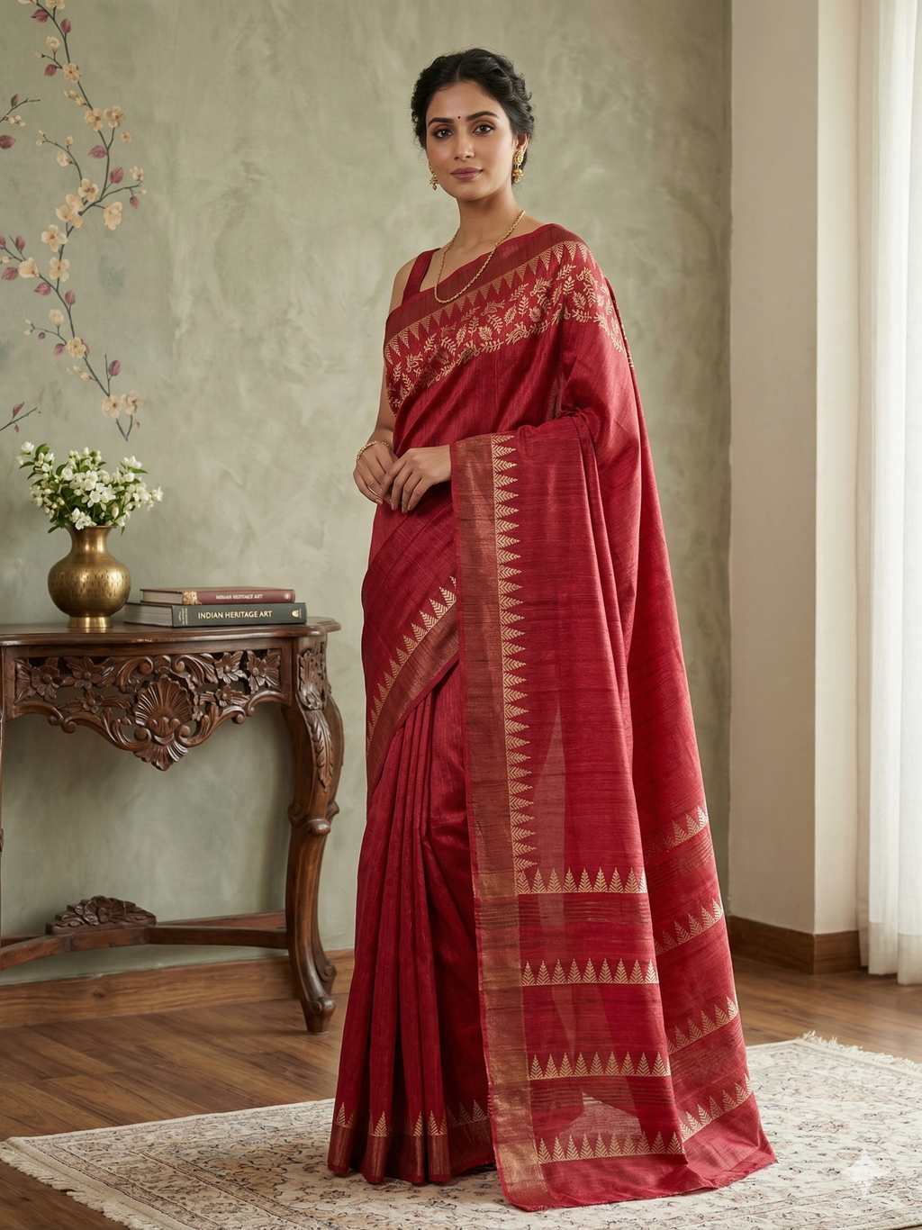 Natural Crimson Ghicha Tussar Silk Saree