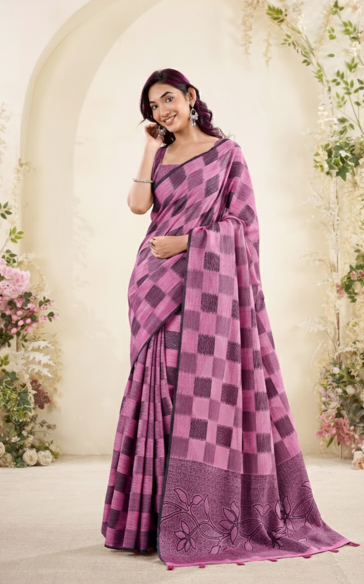 Purple Pure Linen Silk Saree | Checkered Pattern