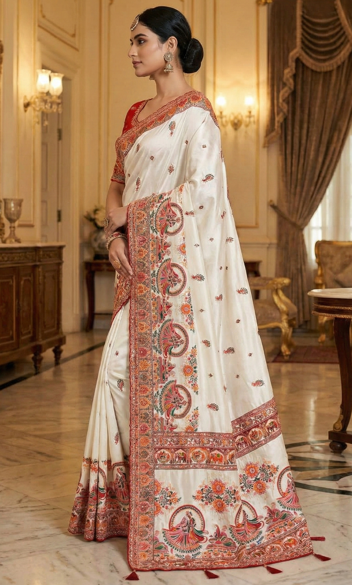 Pure Rajwadi Pashmina Silk Saree with Kashmiri Thread Work Pallu & Heavy Zari Weaving Border – Soft Pashmina Silk Saree with Butti Blouse