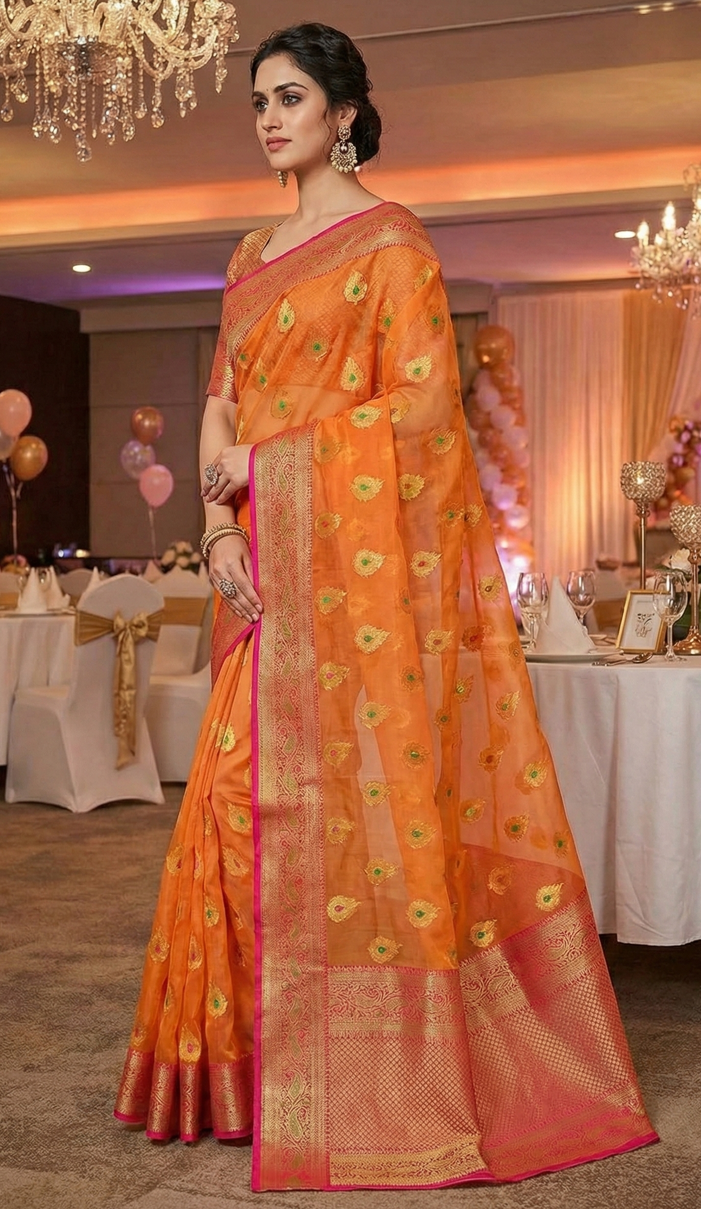 Pure Muslin Mina Banarasi Saree | Premium Muslin Banarasi Saree with Zari Weaving & Blouse Piece